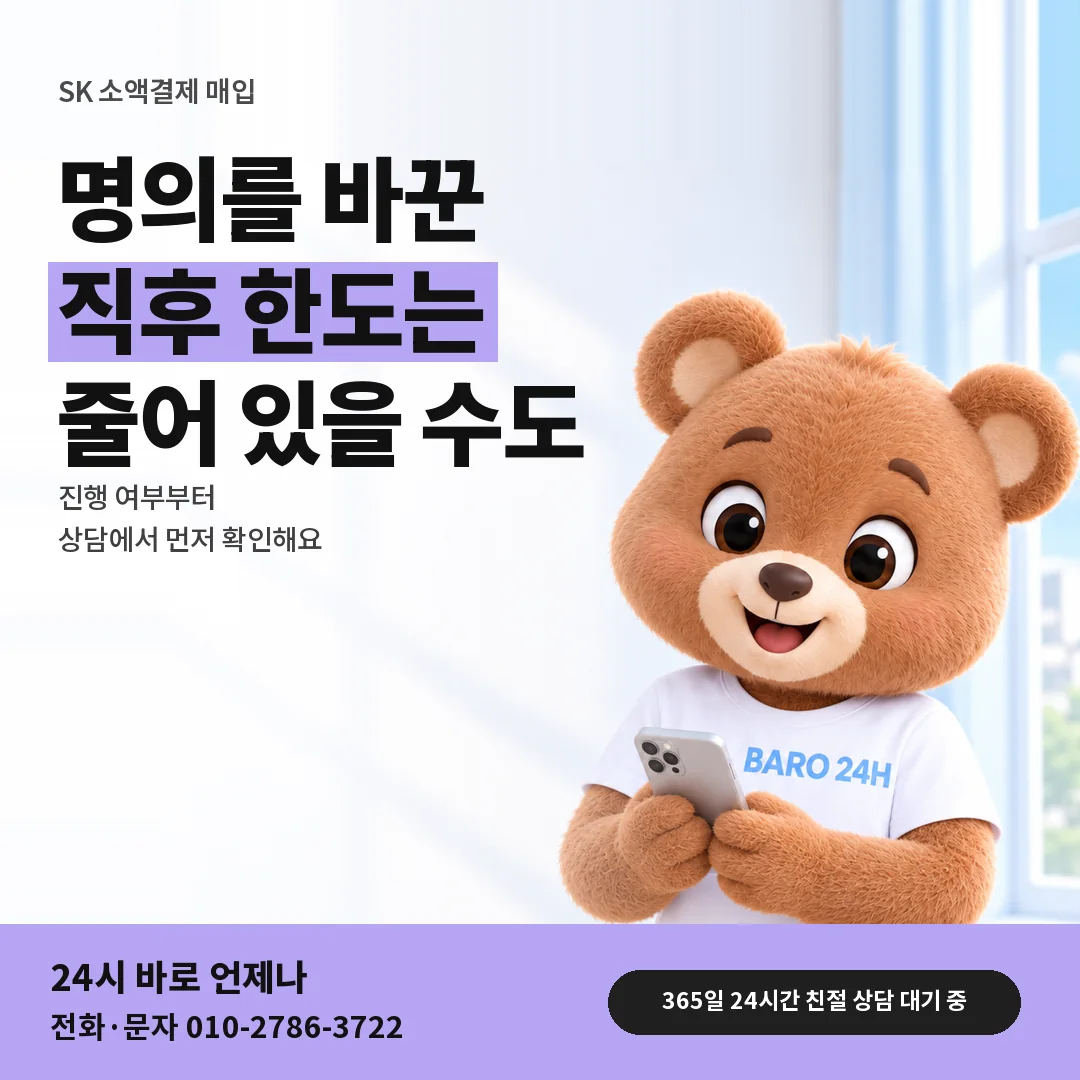 BARO 24H 티셔츠를 입은 3D 곰 캐릭터 옆에 「SK 명의 바꾼 뒤 한도」 제목을 얹은 안내 카드
