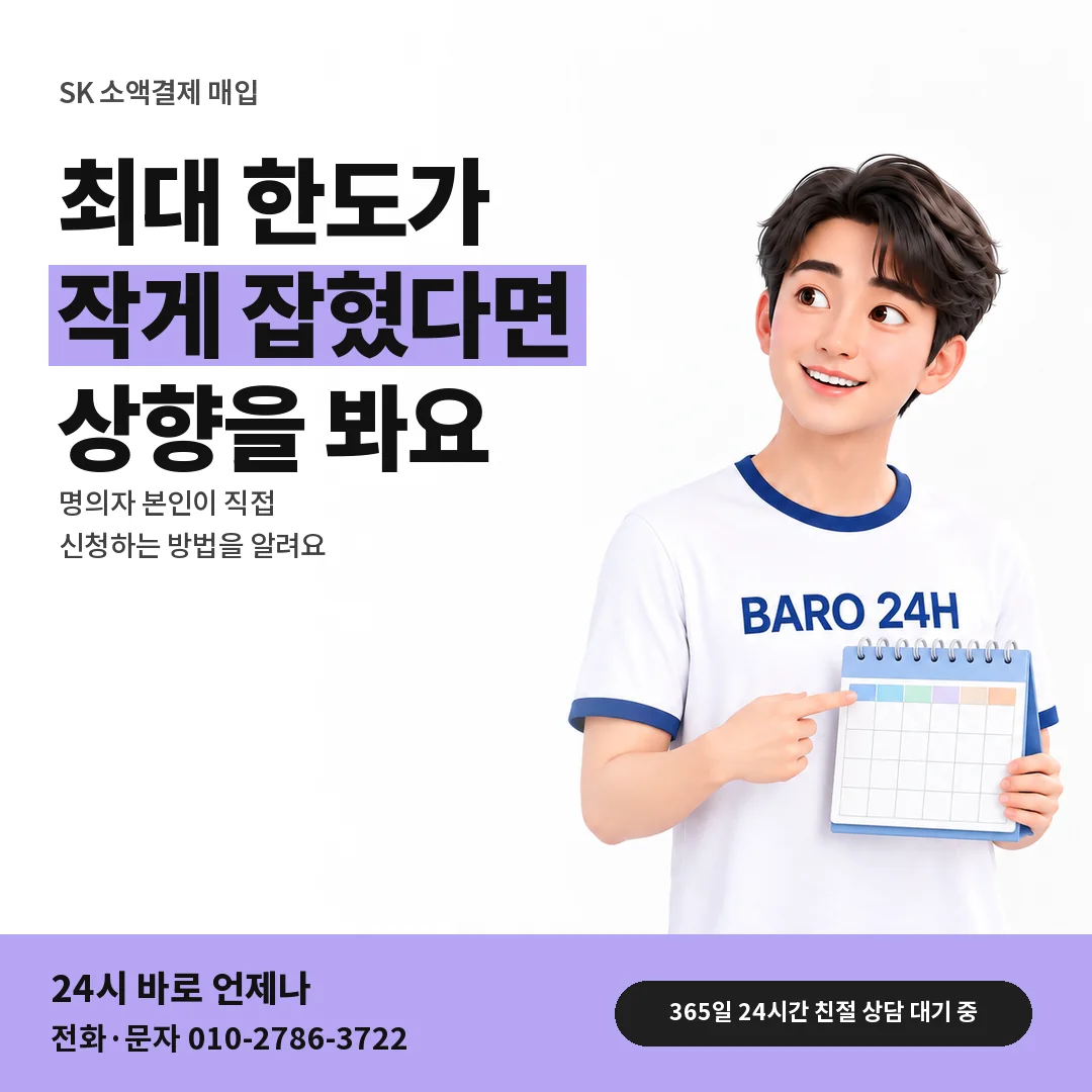 BARO 24H 티셔츠를 입은 3D 인물 옆에 「SK 한도 상향 신청」 제목을 얹은 안내 카드