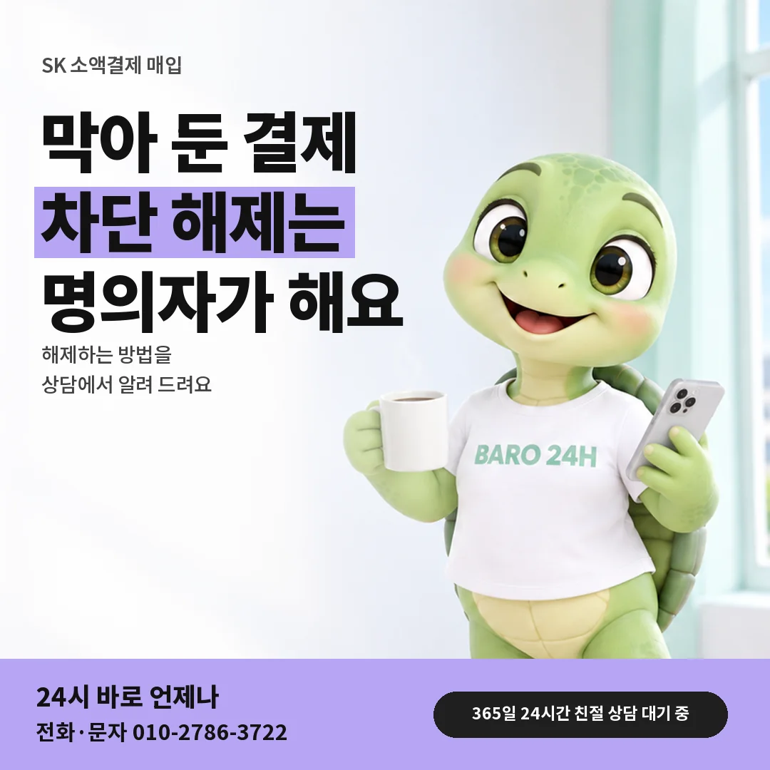 휴대폰을 보며 웃는 BARO 24H 티셔츠를 입은 3D 거북이 캐릭터 옆에 「SK 휴대폰 결제 차단 해제」 제목을 얹은 안내 카드