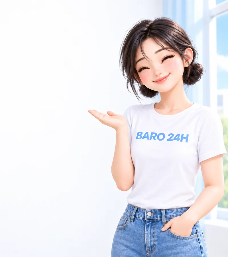 휴대폰을 들고 상담을 안내하는 BARO 24H 티셔츠 차림의 20대 3D 인물